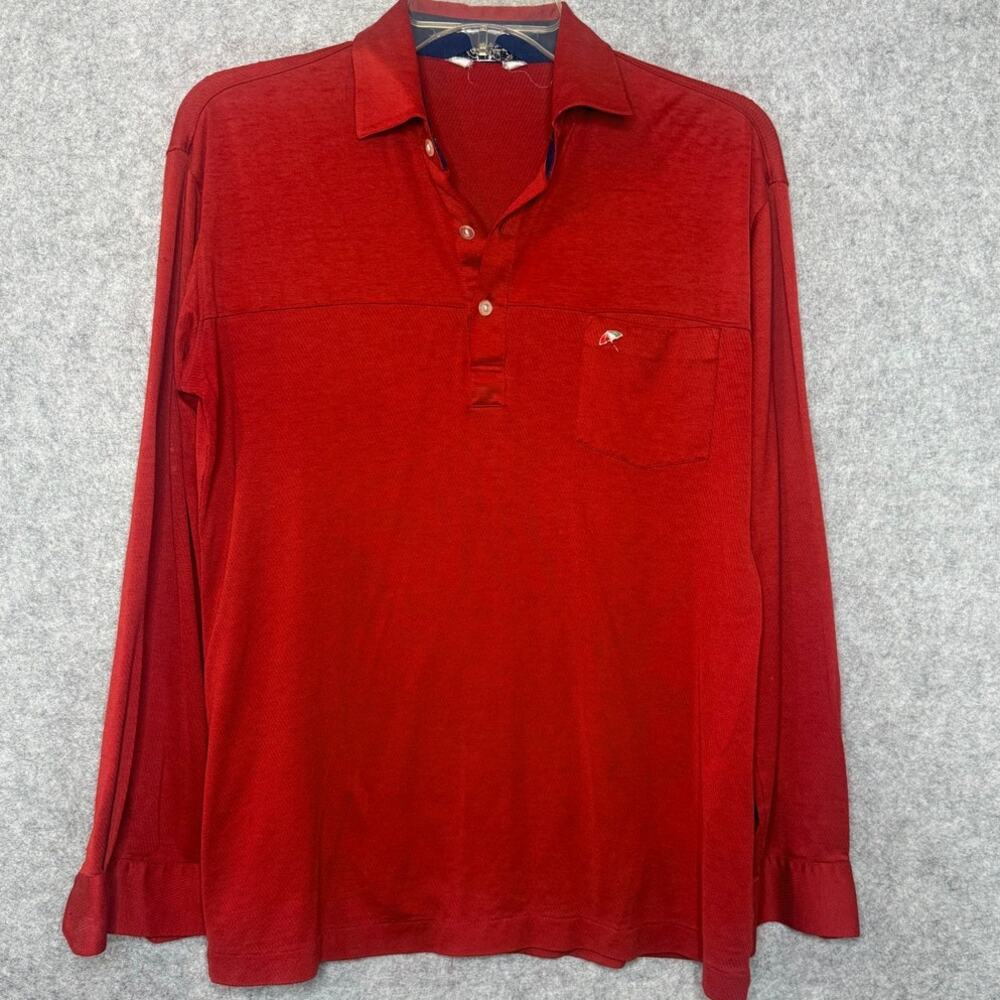 Vintage 70s Arnold Palmer Renown Polo Shirt L Mens Red Long Sleeve Golf Umbrella